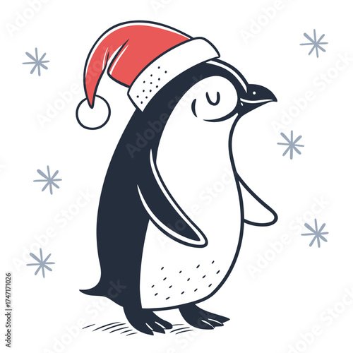Cute penguin wearing Santa hat with snowflakes Christmas
