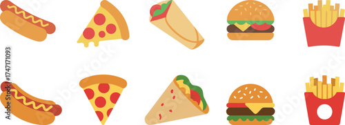 Fast, food, icon, burger, pizza, hot dog, fries, wrap, taco, vector, illustration, snack, meal, graphic, cartoon, colorful, junk, tasty, collection, design, set