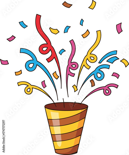 Party, popper, celebration, confetti, streamers, yellow, brown, burst, icon, vector, illustration, festive, fun, graphic, explosion, joy, design, colorful, event, surprise