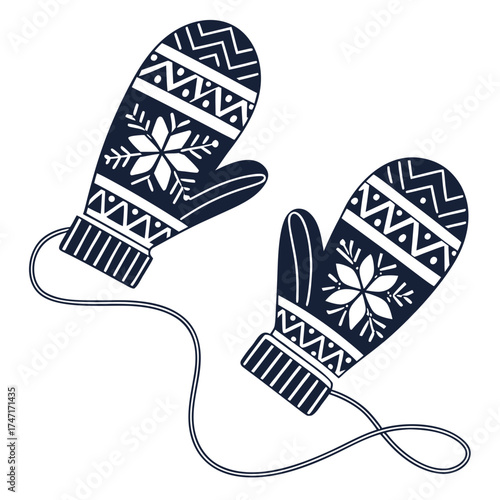 Dark blue knitted mittens with snowflake pattern gloves