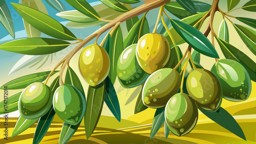 Very beautiful close-up of ripe green olives hanging from an olive tree branch, vector-style illustration emphasizing natural texture, sunlight glow, and Mediterranean freshness in detailed compositio