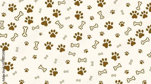 Doodle pet pattern video animation background with brown paw prints and bones, ideal for pet products, stationery, textile designs, and children illustrations. seamless loop animated