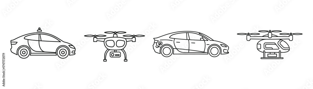 Fototapeta premium Vector art of autonomous vehicle and drone icons these symbols represent future transportation and technology, perfect for illustrating innovation and automation transparent background
