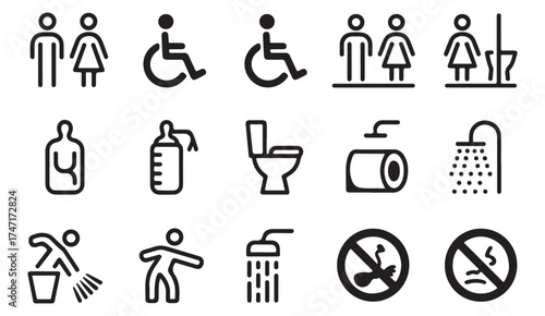 Public utility and restroom symbols – vector illustration of accessible facility icons for posters, apps, and navigation signs