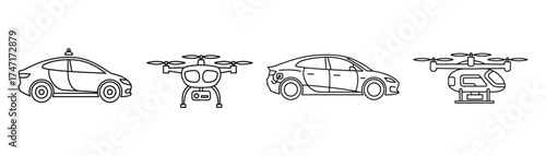 Vector art of autonomous vehicle and drone icons these symbols represent future transportation and technology, perfect for illustrating innovation and automation transparent background