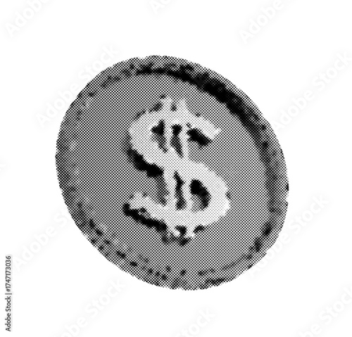 Halftone Dollar Coin Illustration Depicting United States Currency and Financial Symbolism for Use in Graphic Design and Digital Media Projects Highlighting Economy Finance and Business Concepts