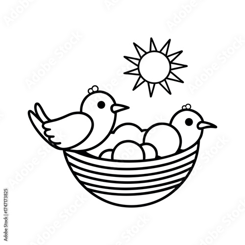 Bird Family Nest Sun Clouds Coloring Book Outline