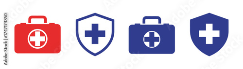 Vector art of medical icons showing a first aid kit and a shield, symbolizing healthcare, protection, and emergency services, with a focus on safety and wellbeing transparent background