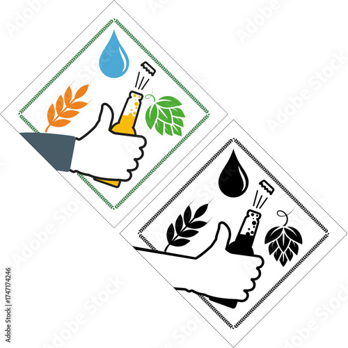 Beer label design. A bottle of beer in hand, hops, malt, and a drop of water