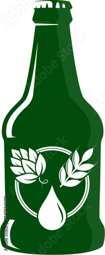 Green beer bottle with the symbol of hops, malt and water