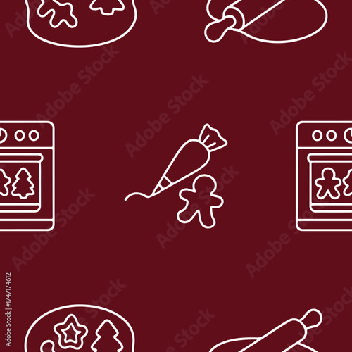 Christmas pattern with stages of making and decorating gingerbread cookies on a red background in line art style