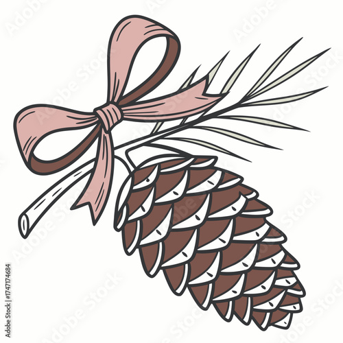 Pinecone with pink ribbon bow and pine needles vector
