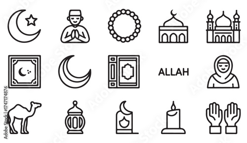 Ramadan and Eid celebration vector icons – crescent moon, mosque, lantern, Quran, and prayer hands illustration