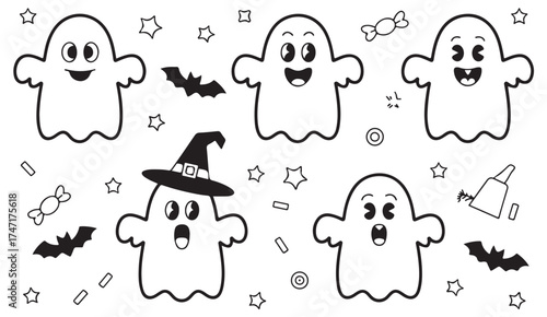 Vector illustration of happy ghosts with candies and stars – black and white Halloween doodle set for children’s art
