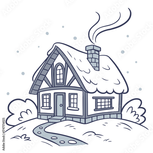 Snow covered cottage with smoke from chimney house 1
