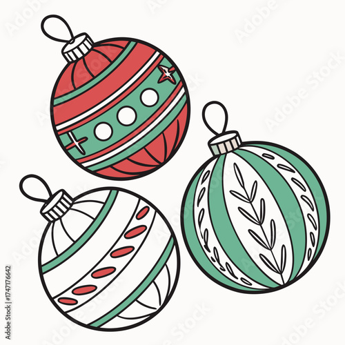 Three Christmas baubles with red green and white patterns