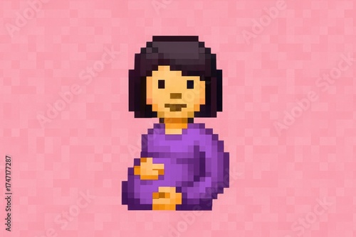 Pixel art style pregnant woman emoji on pink background