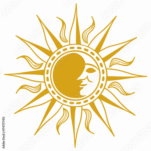 Yellow sun face with crescent moon and rays vector 1