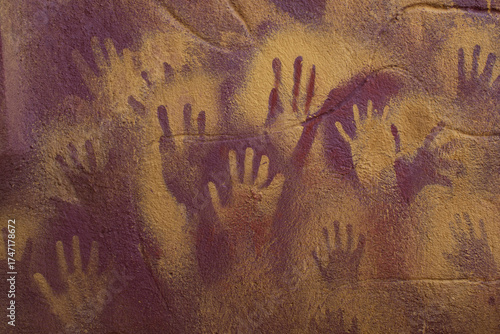 Photos Hand and finger prints on a wall made with pigments blown through a tube, imitating prehistoric painting techniques