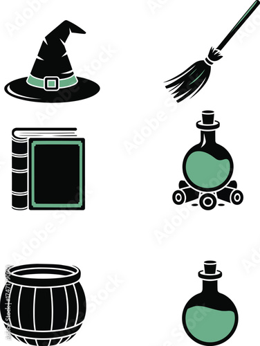 Halloween witch hat broom book potion and cauldron icons