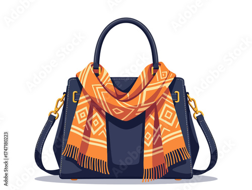 Stylish navy handbag with orange patterned scarf draped over it, illustrated in a clean modern vector graphic style on transparent background, concept of fashion accessory elegance