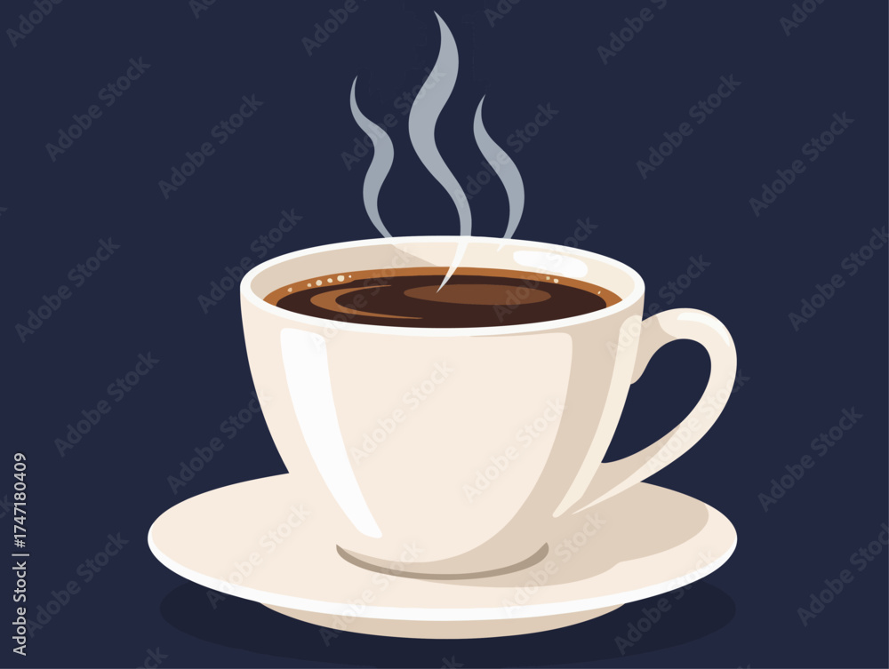 Obraz premium A steaming hot coffee cup on a saucer in a minimalist flat vector graphic style, placed against a dark navy background. Concept of warmth, comfort, and relaxation