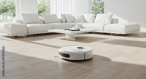 Robot vacuum cleaner on a light wood floor in a modern living room