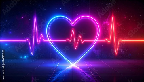 Neon heart graphic with EKG line