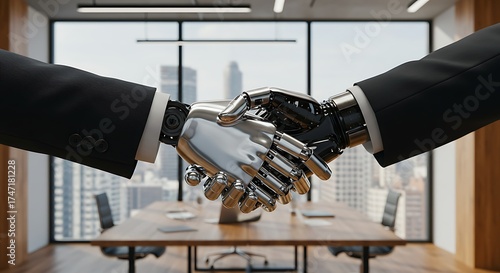 Robot Hand Shaking Human Hand in Office handshake business