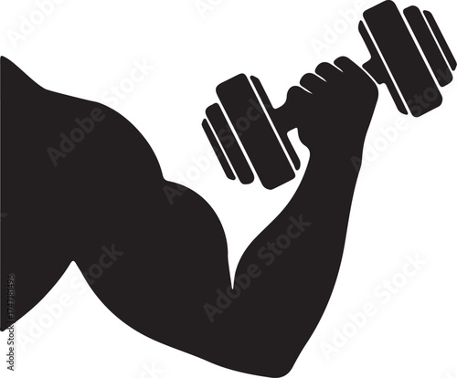 Powerful muscular arm silhouette flexing with dumbbell for fitness and strength training concept