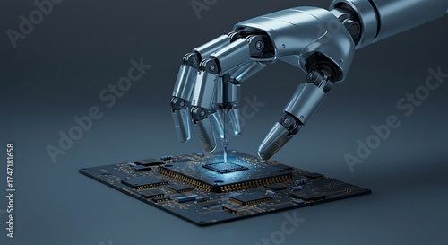 Robotic hand placing aCPU on a circuit board robot arm