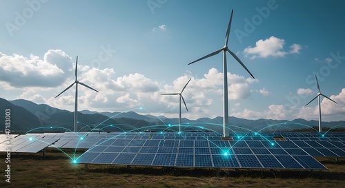 Solar panels and wind turbines with glowing network connections