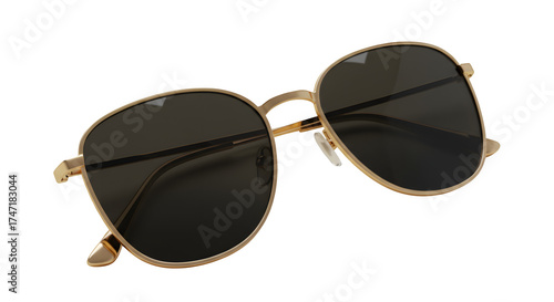 Gold framed sunglasses create a clean, minimal style. The dark lenses and black background work for fashion branding, product photography, and posters.