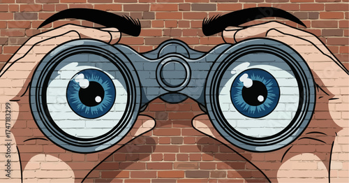 Intense gaze through binoculars reveals secrets on a textured wall, mystery and intrigue