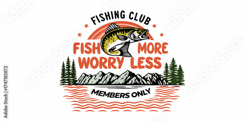 Fishing club members only graphic design featuring a bass fish jumping over mountains and water