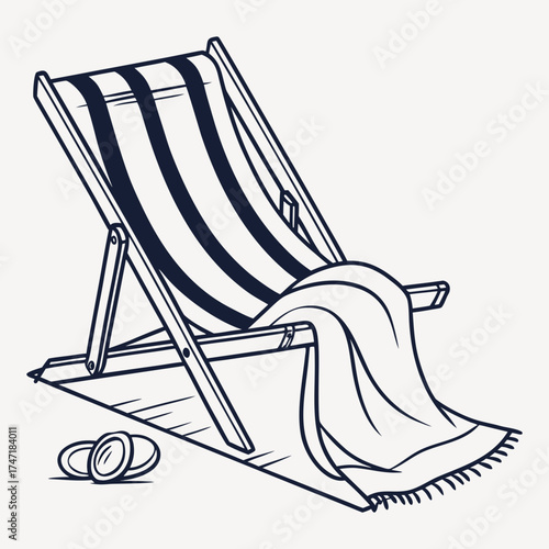 Beach chair with striped fabric and folded towel deck chair
