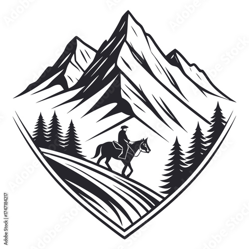 Black and white horse rider on mountain slope emblem