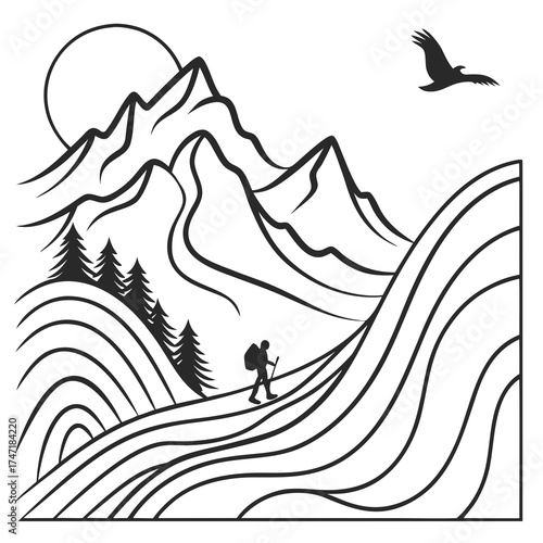 Black and white illustration of a hiker in mountains
