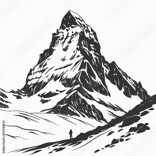 Black and white illustration of a lone hiker on a snowy mountain path