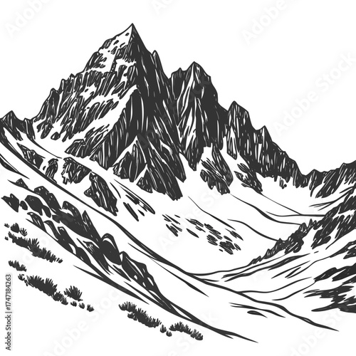Black and white illustration of a sharp rocky mountain crest