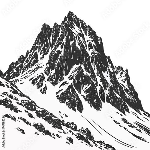 Black and white illustration of a snow covered mountain range