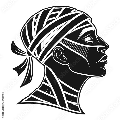 Black and white mummy head graphic with bandages silhouette