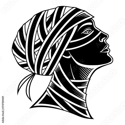 Black and white mummy head profile silhouette ancient