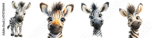 Adorable zebra cartoon characters, a charming collection of playful animal portraits perfect for children's books, educational materials, and heartwarming designs