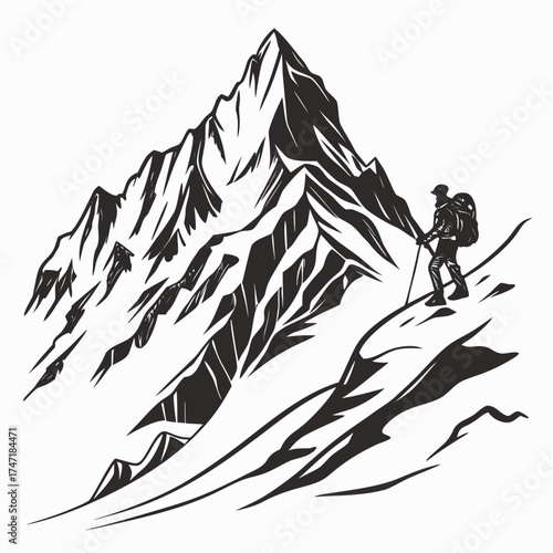 Black and white sketch of a mountain climber on a peak