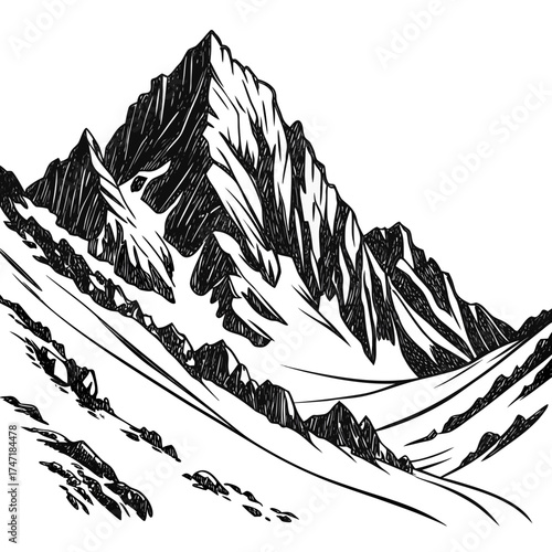 Black and white sketch of a jagged mountain range peak