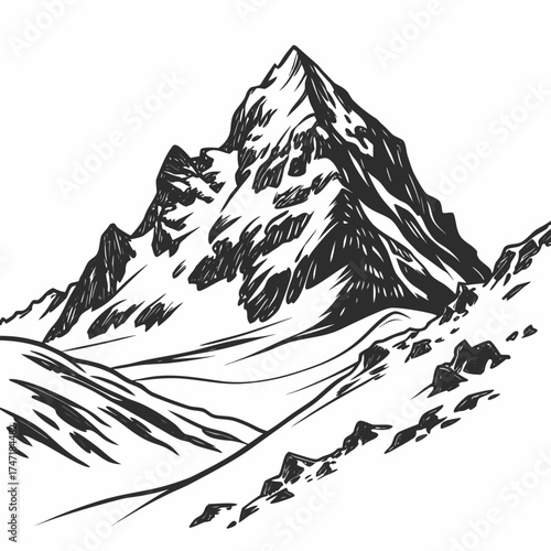 Black and white sketch of a snow covered mountain peak