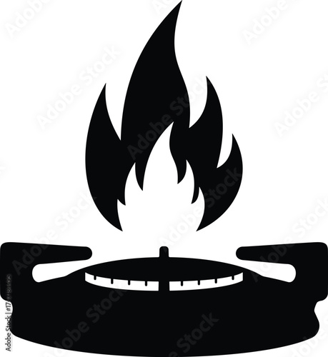 Black silhouette of a gas stove burner with a flame burning brightly isolated on white background silhouette