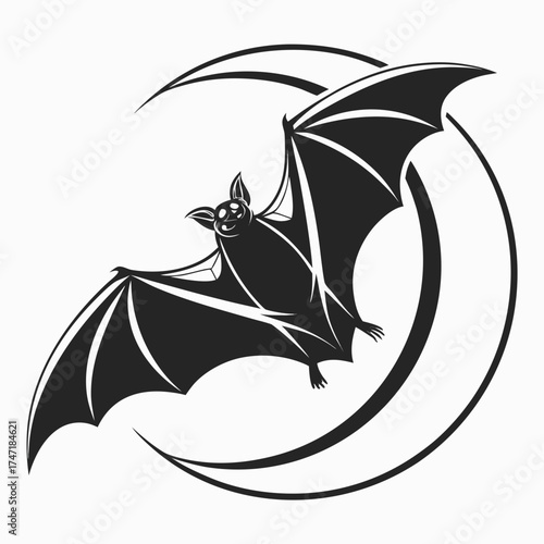 Black bat flying in crescent moon graphic night