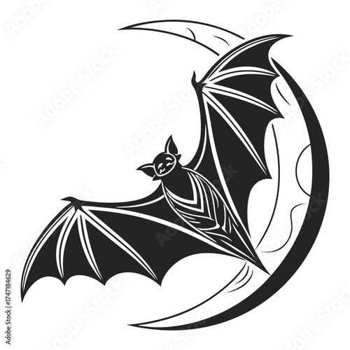 Black bat flying on crescent moon art night animal
